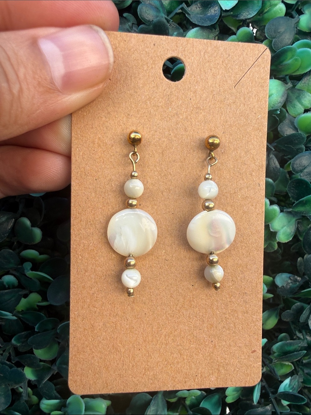 Hand Crafted Gold and Cream Bead Drop Earrings